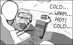 Comic of a cheap GPS that only says "Warm, hot, cold..."